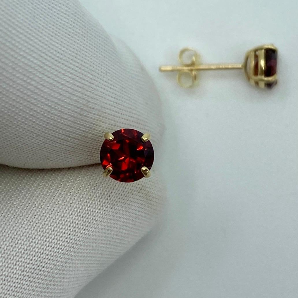 Vivid Red Almandine Rhodolite Garnet Yellow Gold Round Diamond Cut Earring Studs For Sale 1