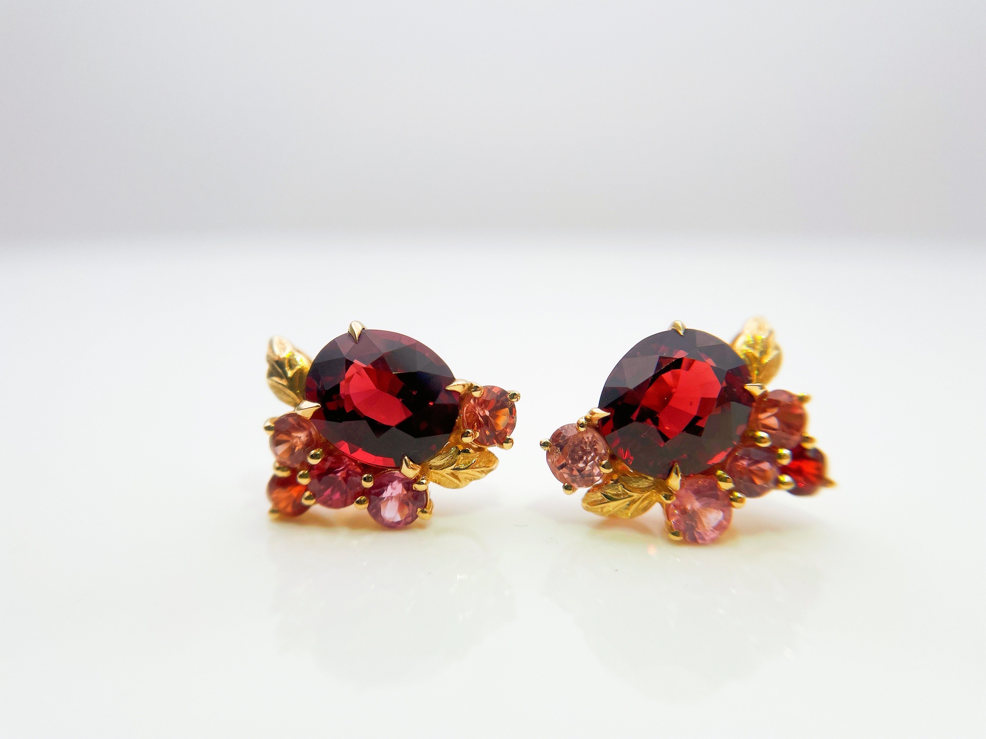 Art Nouveau Vivid Red Garnet Earrings in 18K Gold with Natural Burma Spinels