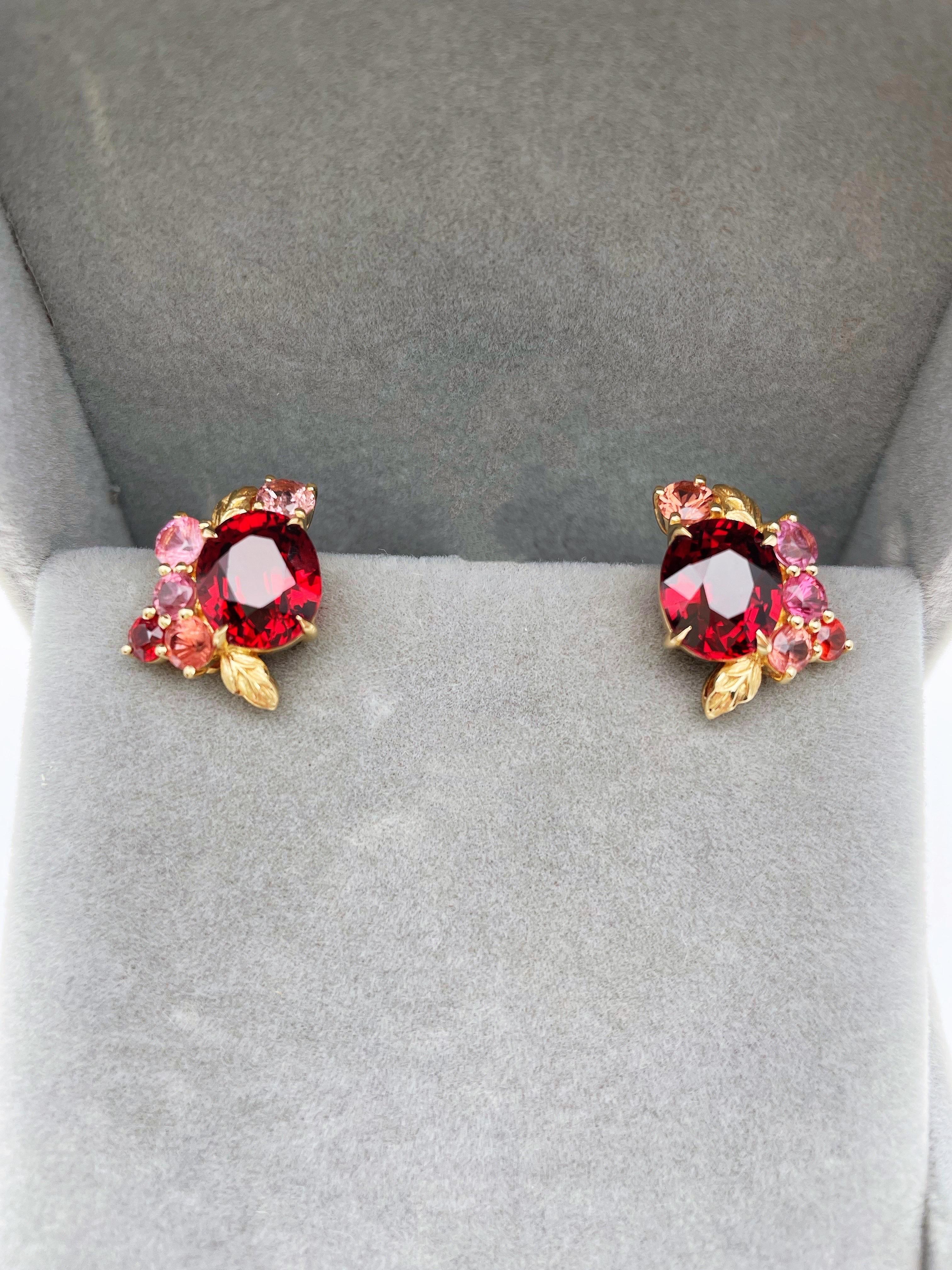 Oval Cut Vivid Red Garnet Earrings in 18K Gold with Natural Burma Spinels