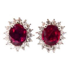Vivid Red Ruby 2.09 Carat and Diamond Stud Earrings, Close to Pigeon Blood Red