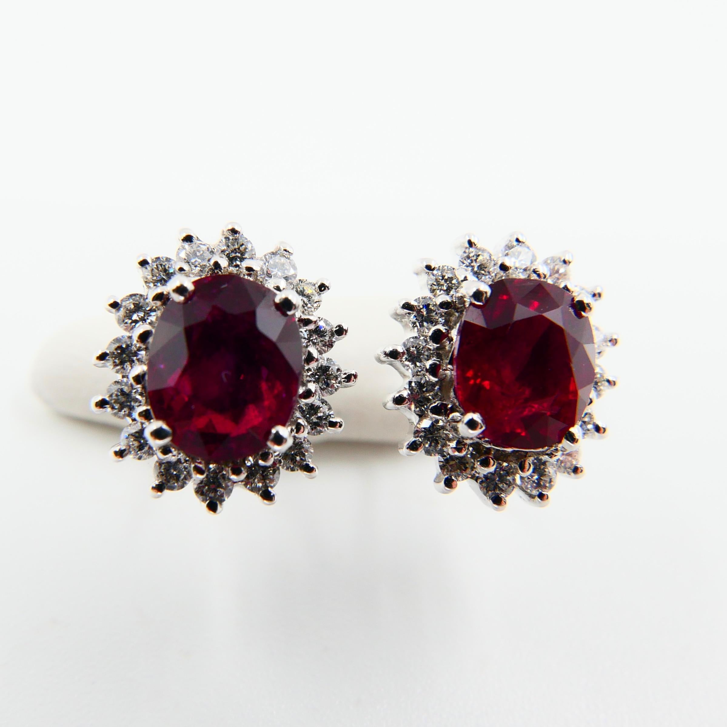 Vivid Red Ruby 2.09 Carat and Diamond Stud Earrings, Close to Pigeon Blood Red 1