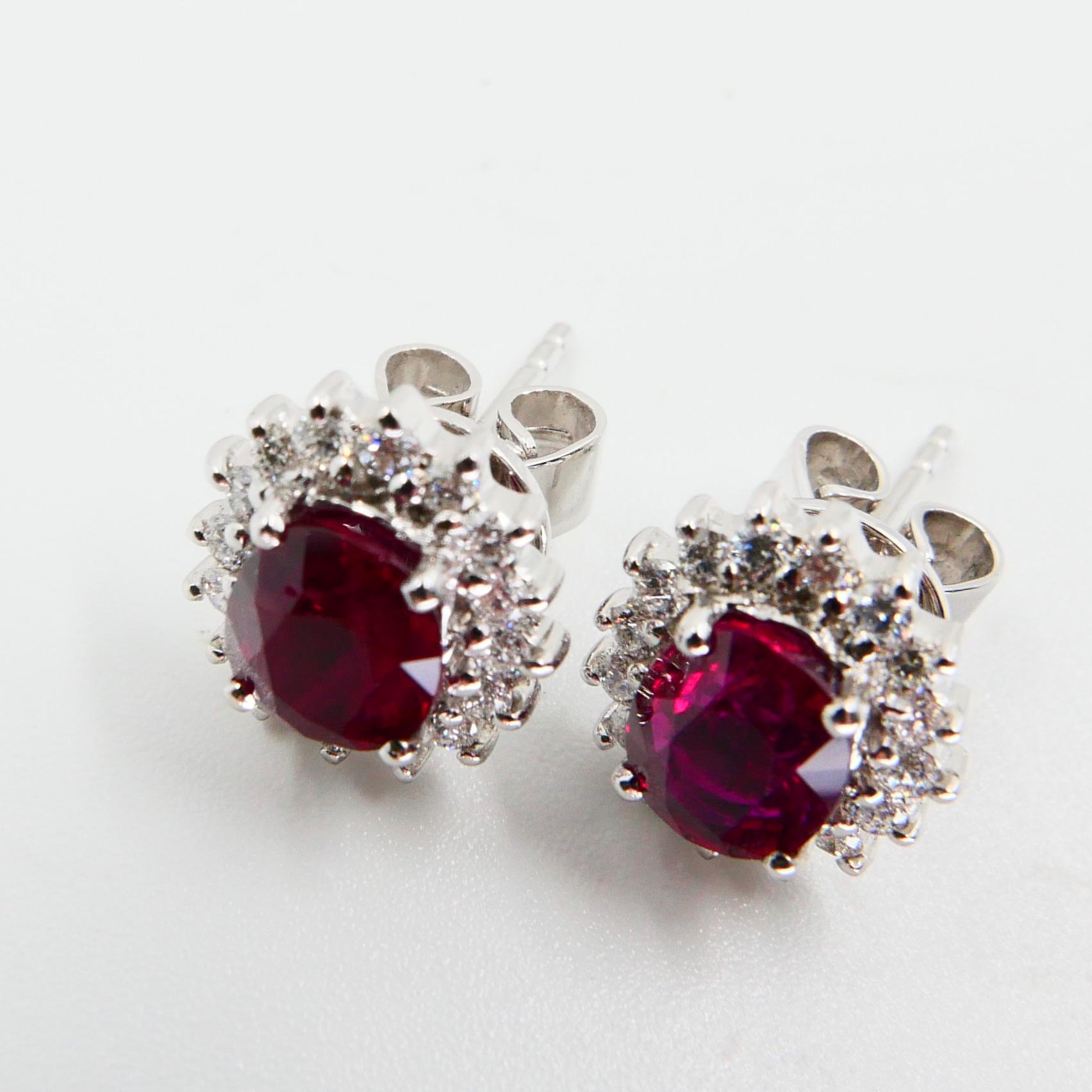 Vivid Red Ruby 2.09 Carat and Diamond Stud Earrings, Close to Pigeon Blood Red 2