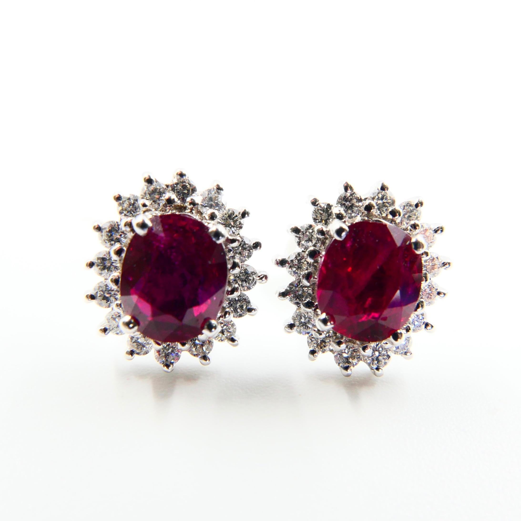 Vivid Red Ruby 2.09 Carat and Diamond Stud Earrings, Close to Pigeon Blood Red 3