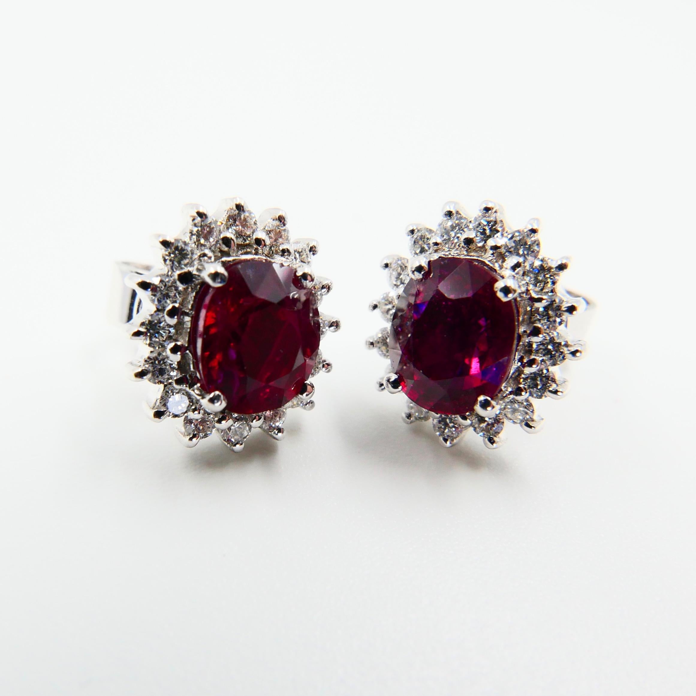 Vivid Red Ruby 2.09 Carat and Diamond Stud Earrings, Close to Pigeon Blood Red 4