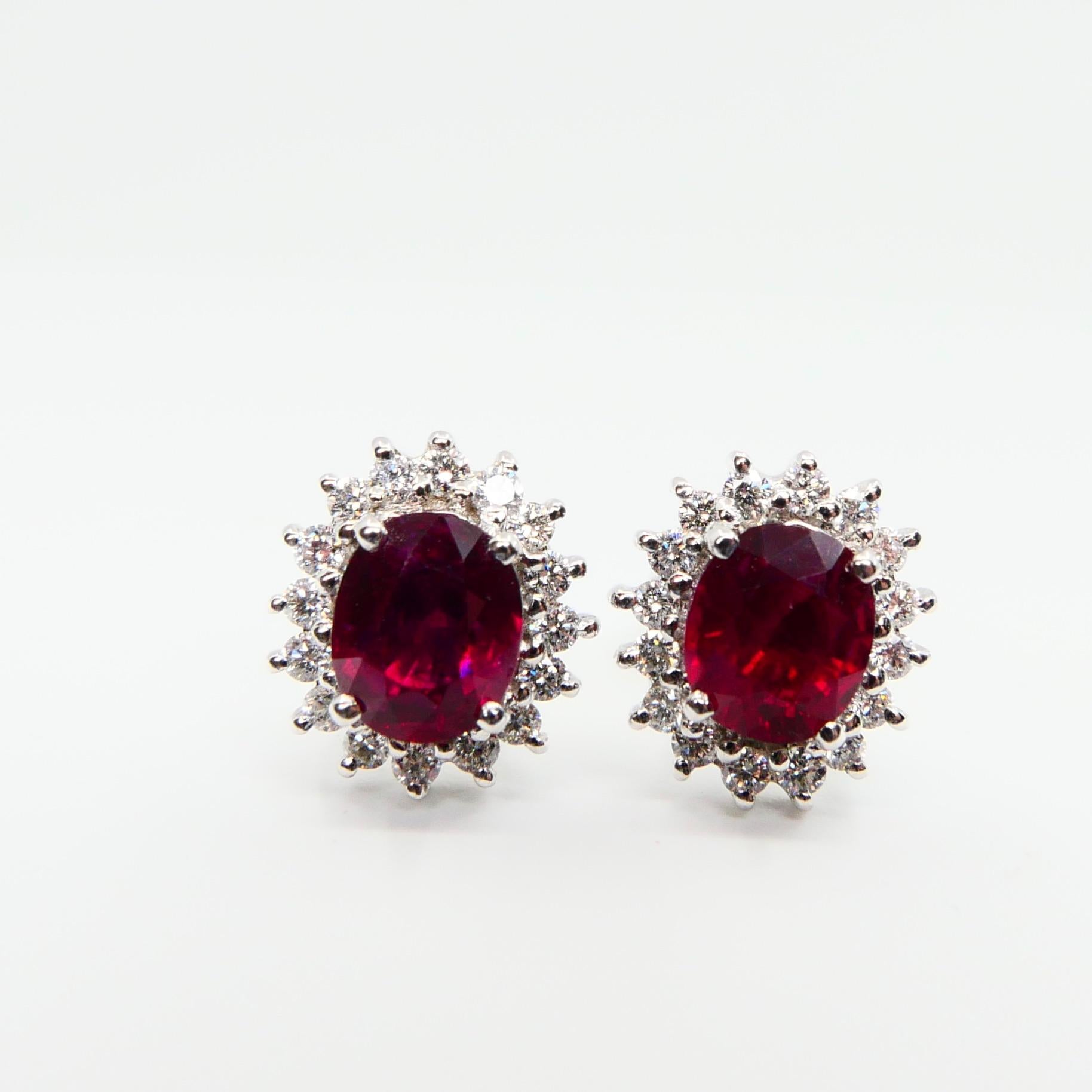 Vivid Red Ruby 2.09 Carat and Diamond Stud Earrings, Close to Pigeon Blood Red 5