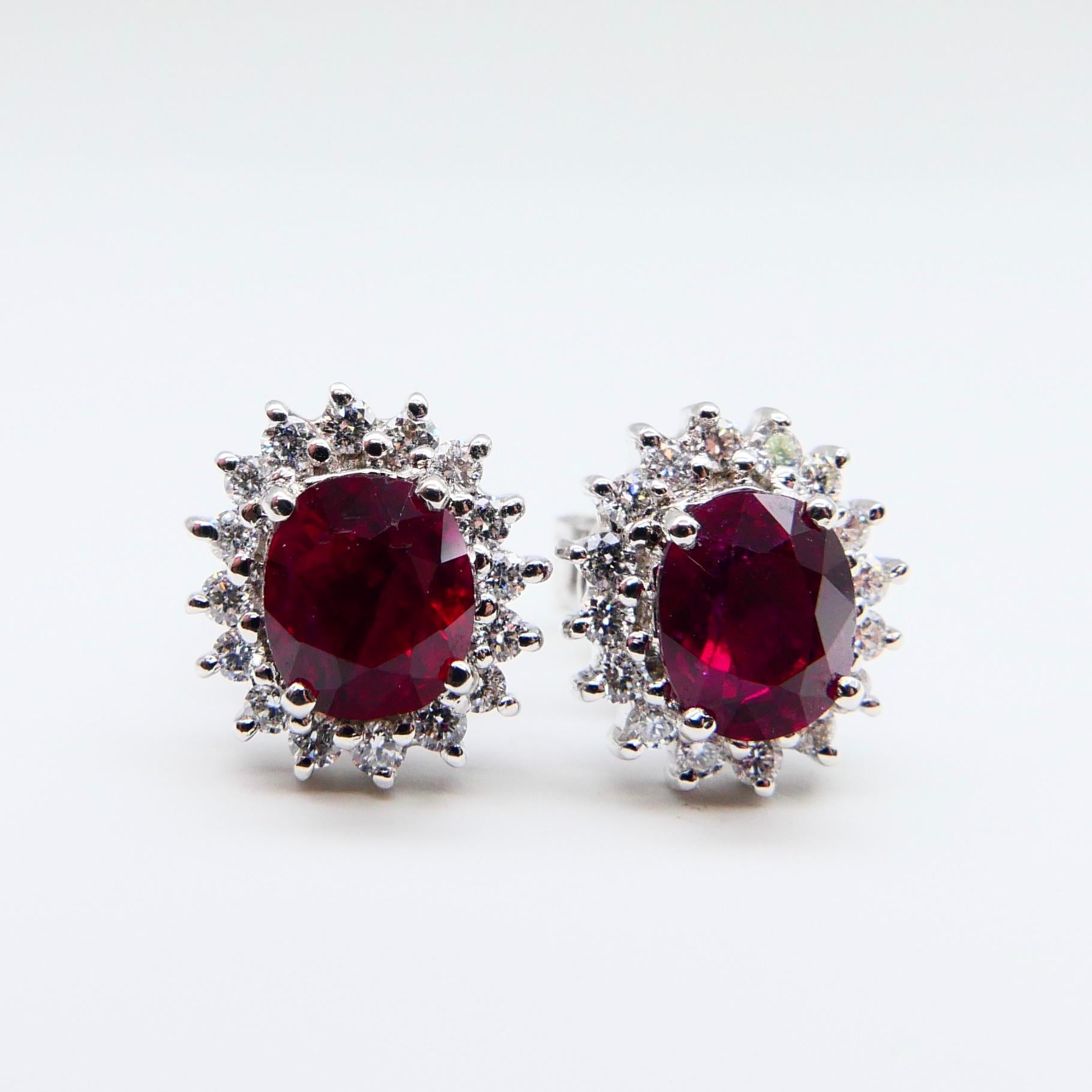 Vivid Red Ruby 2.09 Carat and Diamond Stud Earrings, Close to Pigeon Blood Red 6