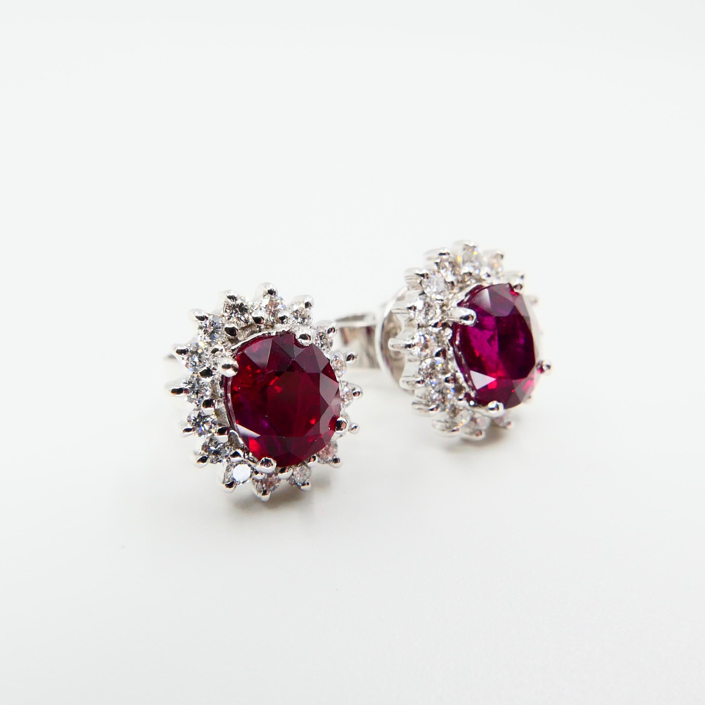 Vivid Red Ruby 2.09 Carat and Diamond Stud Earrings, Close to Pigeon Blood Red 7