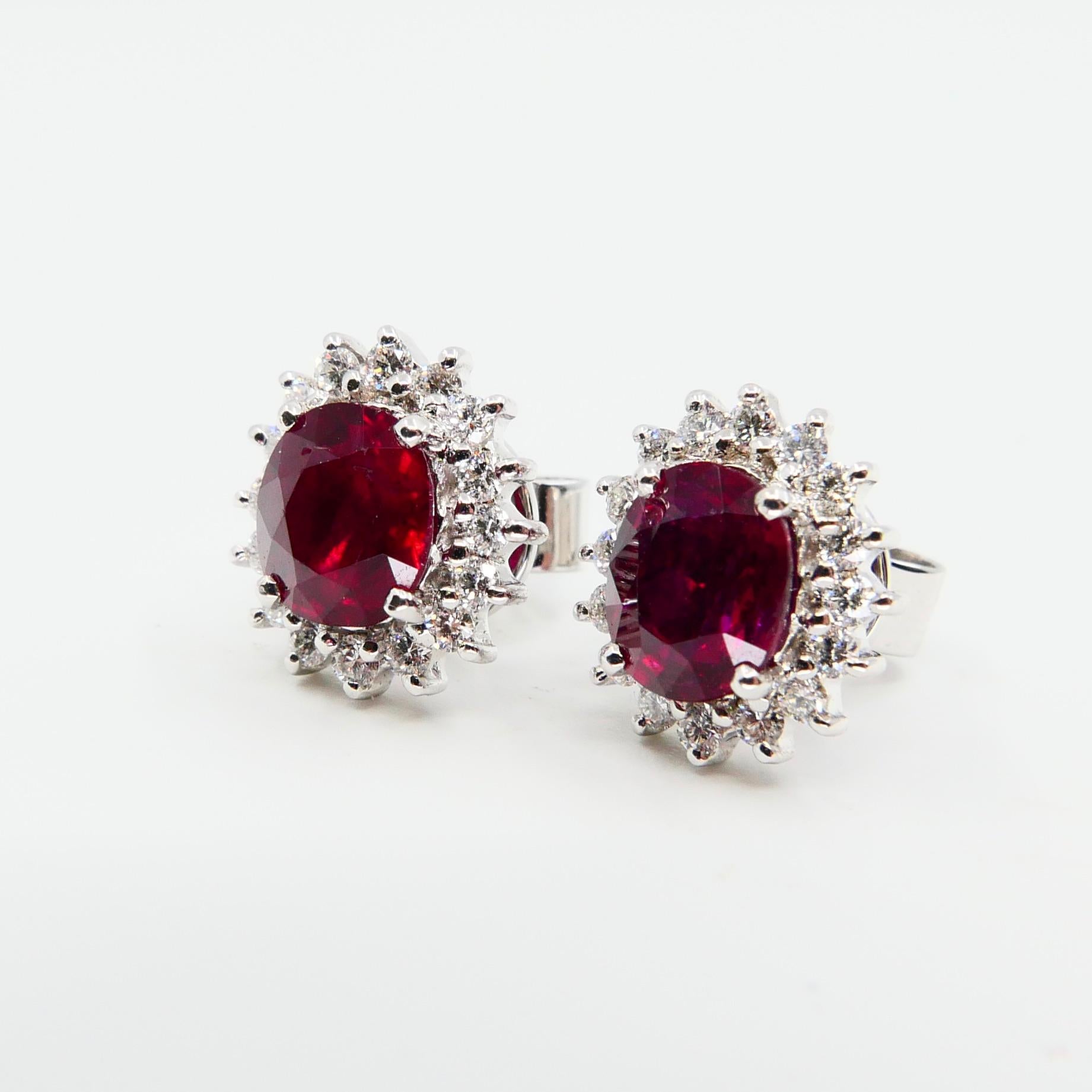 Modern Vivid Red Ruby 2.09 Carat and Diamond Stud Earrings, Close to Pigeon Blood Red