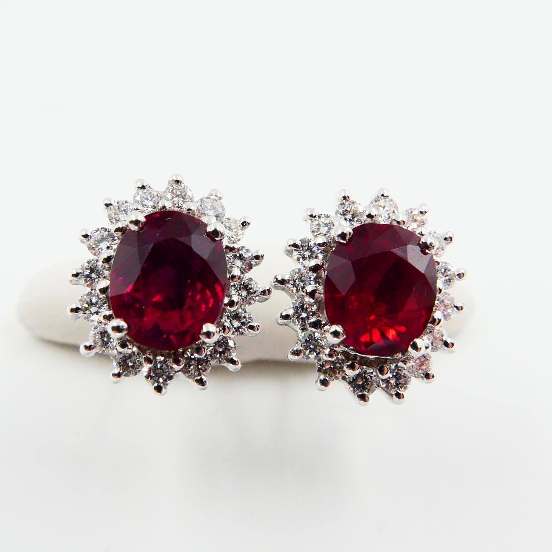 Oval Cut Vivid Red Ruby 2.09 Carat and Diamond Stud Earrings, Close to Pigeon Blood Red