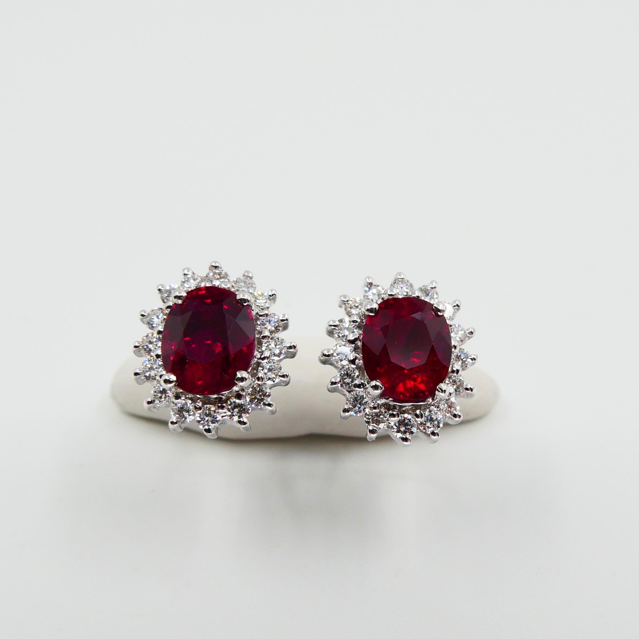 Vivid Red Ruby 2.09 Carat and Diamond Stud Earrings, Close to Pigeon Blood Red In New Condition In Hong Kong, HK