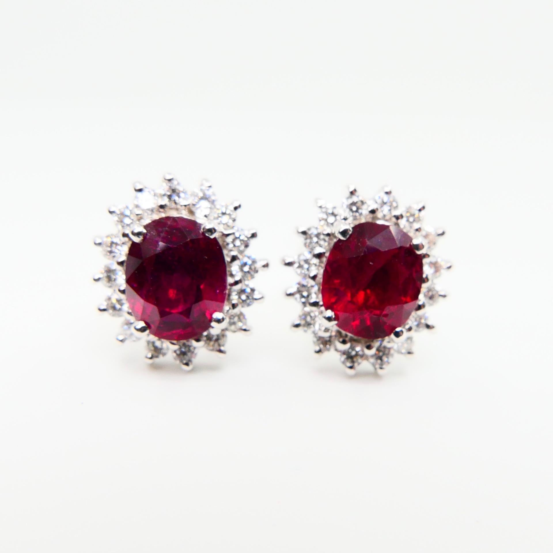 Women's Vivid Red Ruby 2.09 Carat and Diamond Stud Earrings, Close to Pigeon Blood Red