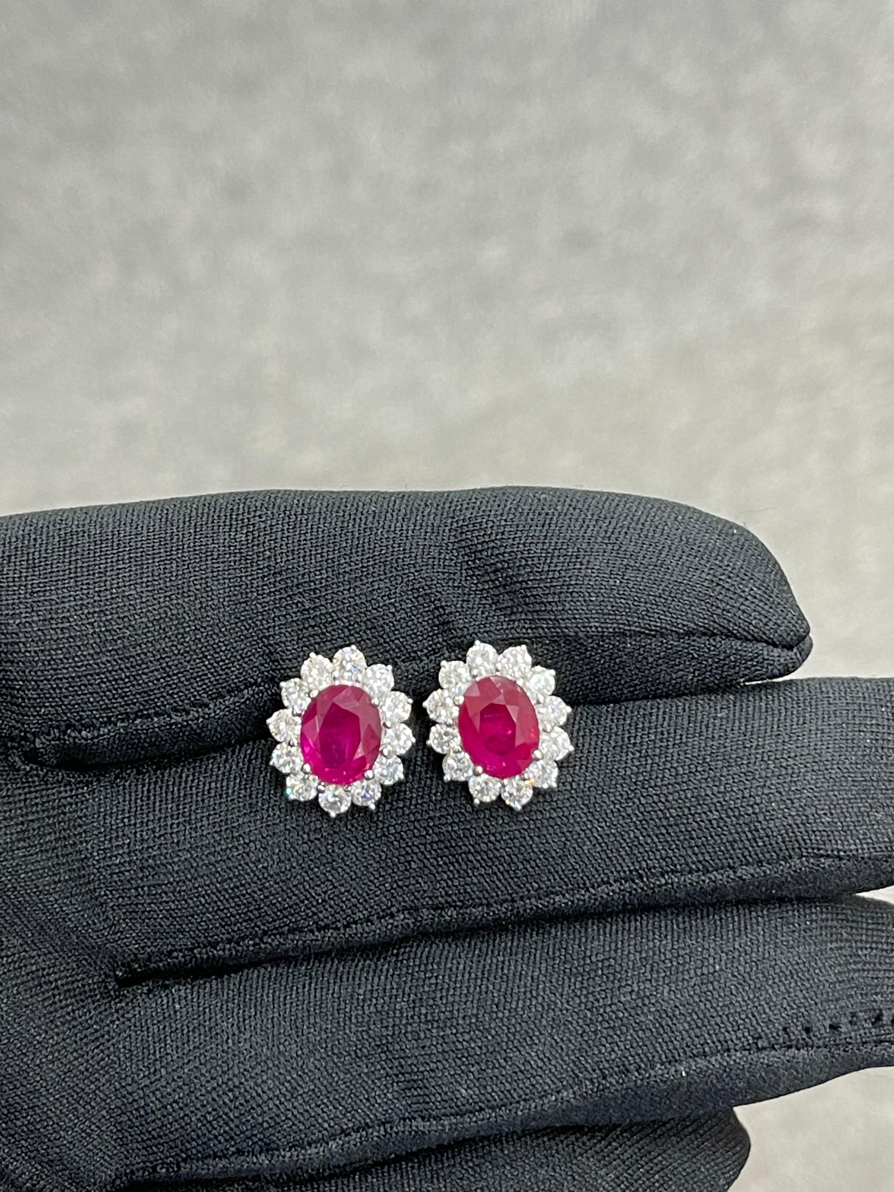 Modern Vivid Red Ruby 4.00 CTW & Diamond Stud Earrings, Close to Pigeon Blood Red