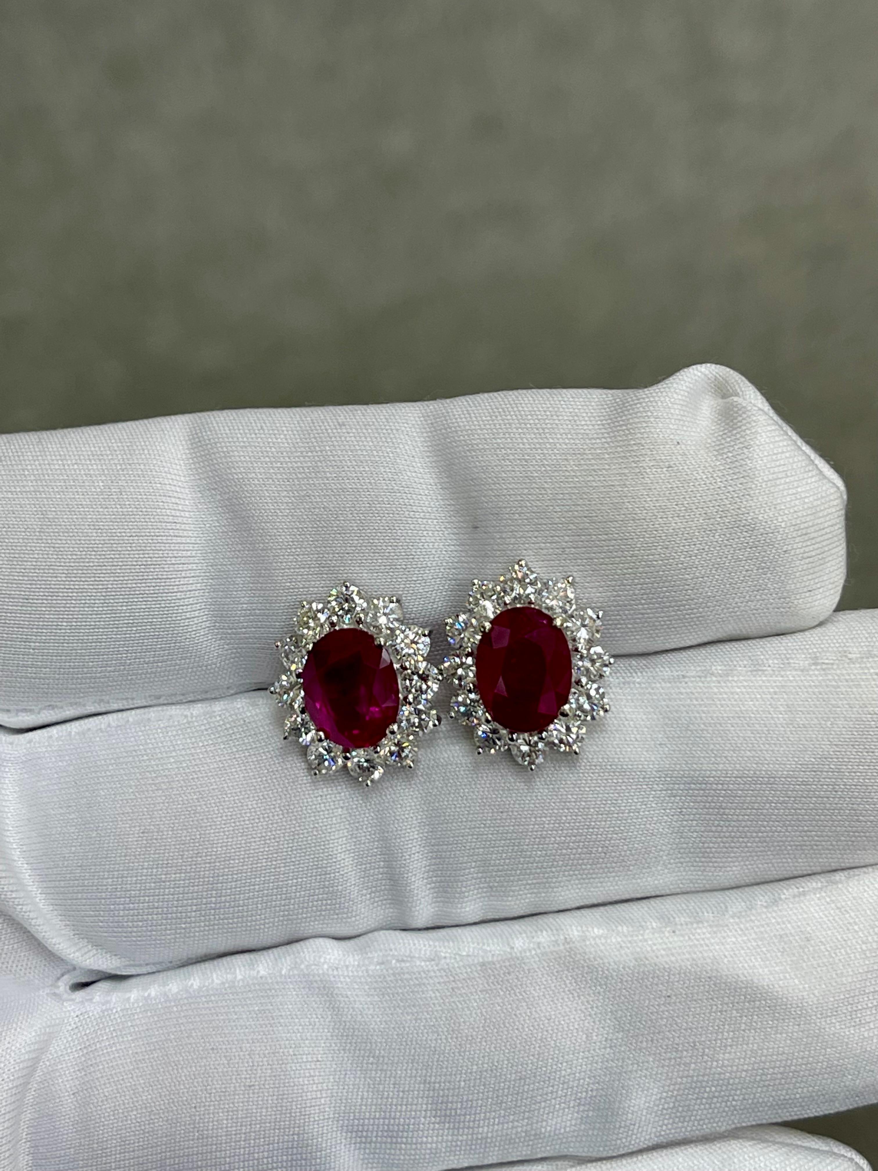 Oval Cut Vivid Red Ruby 4.00 CTW & Diamond Stud Earrings, Close to Pigeon Blood Red