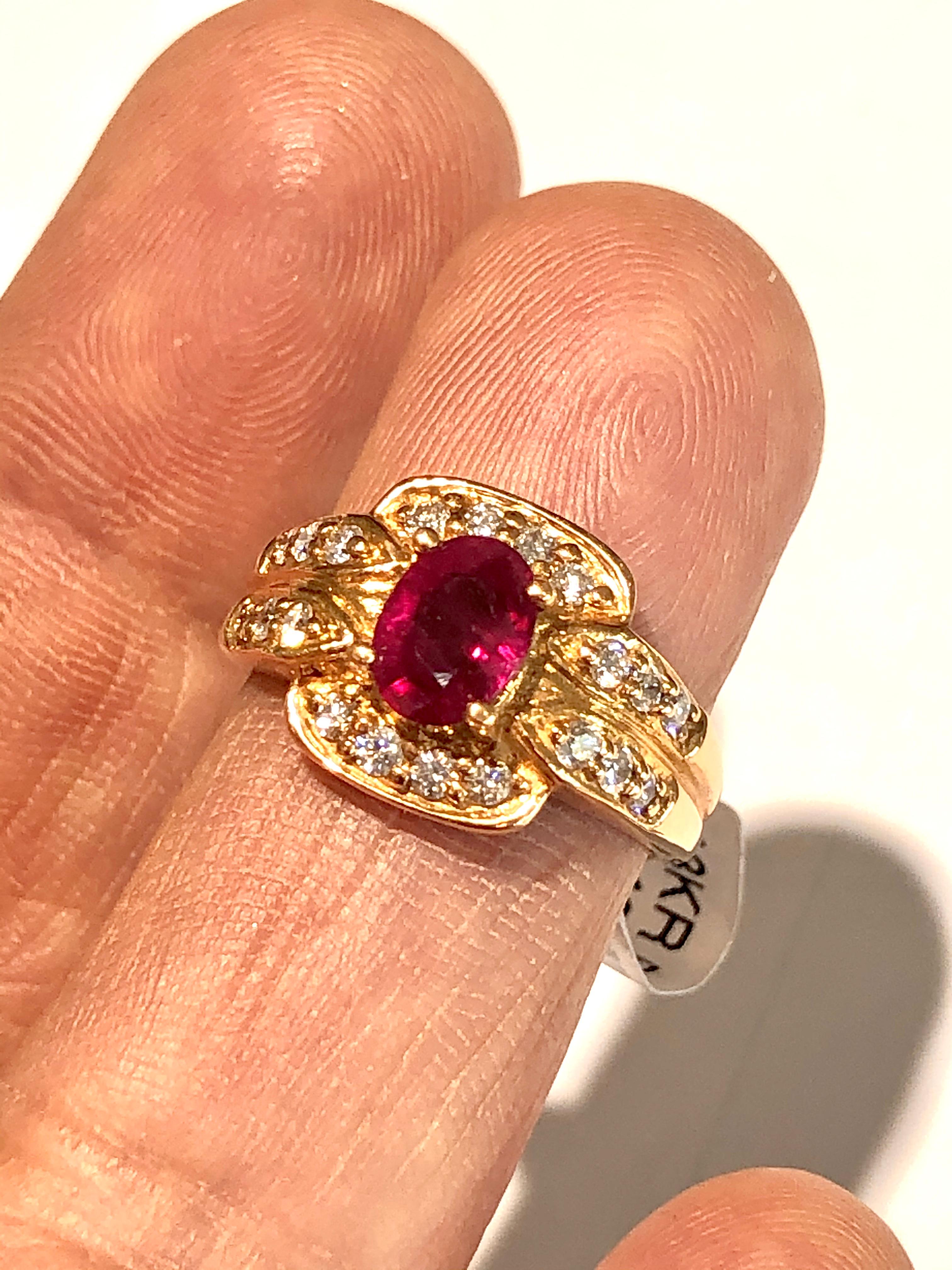 Oval Cut Vivid Red Ruby and Diamonds Ring 18 Karat Gold For Sale