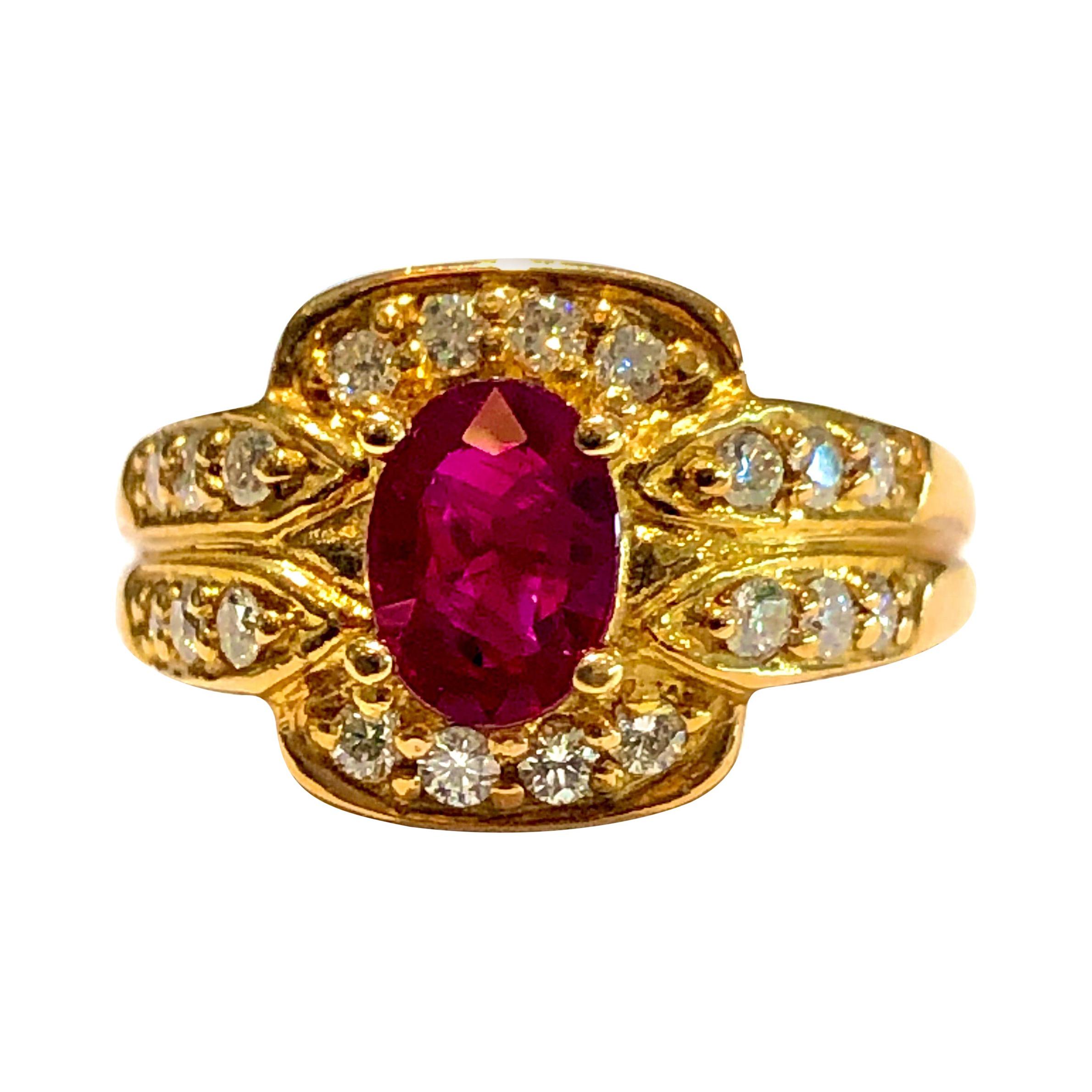 Vivid Red Ruby and Diamonds Ring 18 Karat Gold For Sale