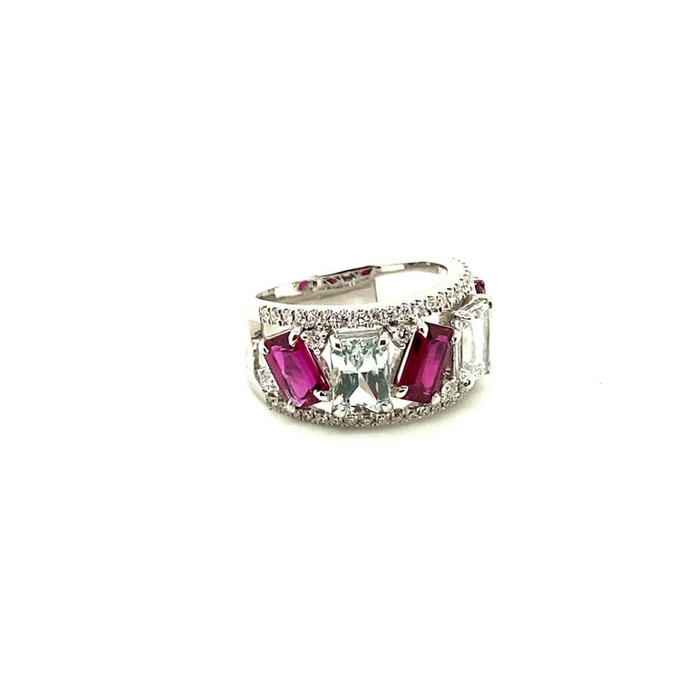 Emerald Cut Vivid Red Ruby and White Sapphire Diamond Gold Ring For Sale