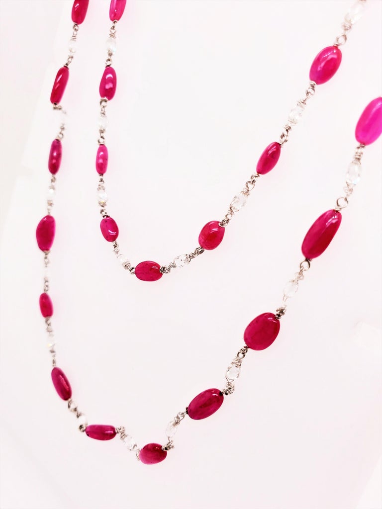 Contemporary Vivid Red Ruby Beads and Diamond Briolette White Gold Necklace For Sale