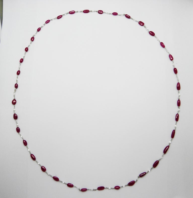 Women's or Men's Vivid Red Ruby Beads and Diamond Briolette White Gold Necklace For Sale