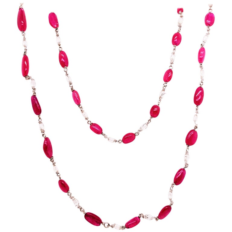 Vivid Red Ruby Beads and Diamond Briolette White Gold Necklace For Sale