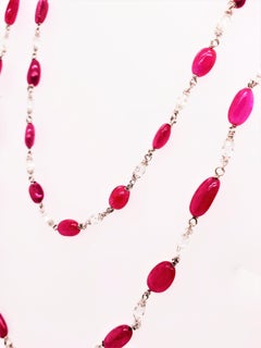 Vivid Red Ruby Beads and Diamond Briolette White Gold Necklace