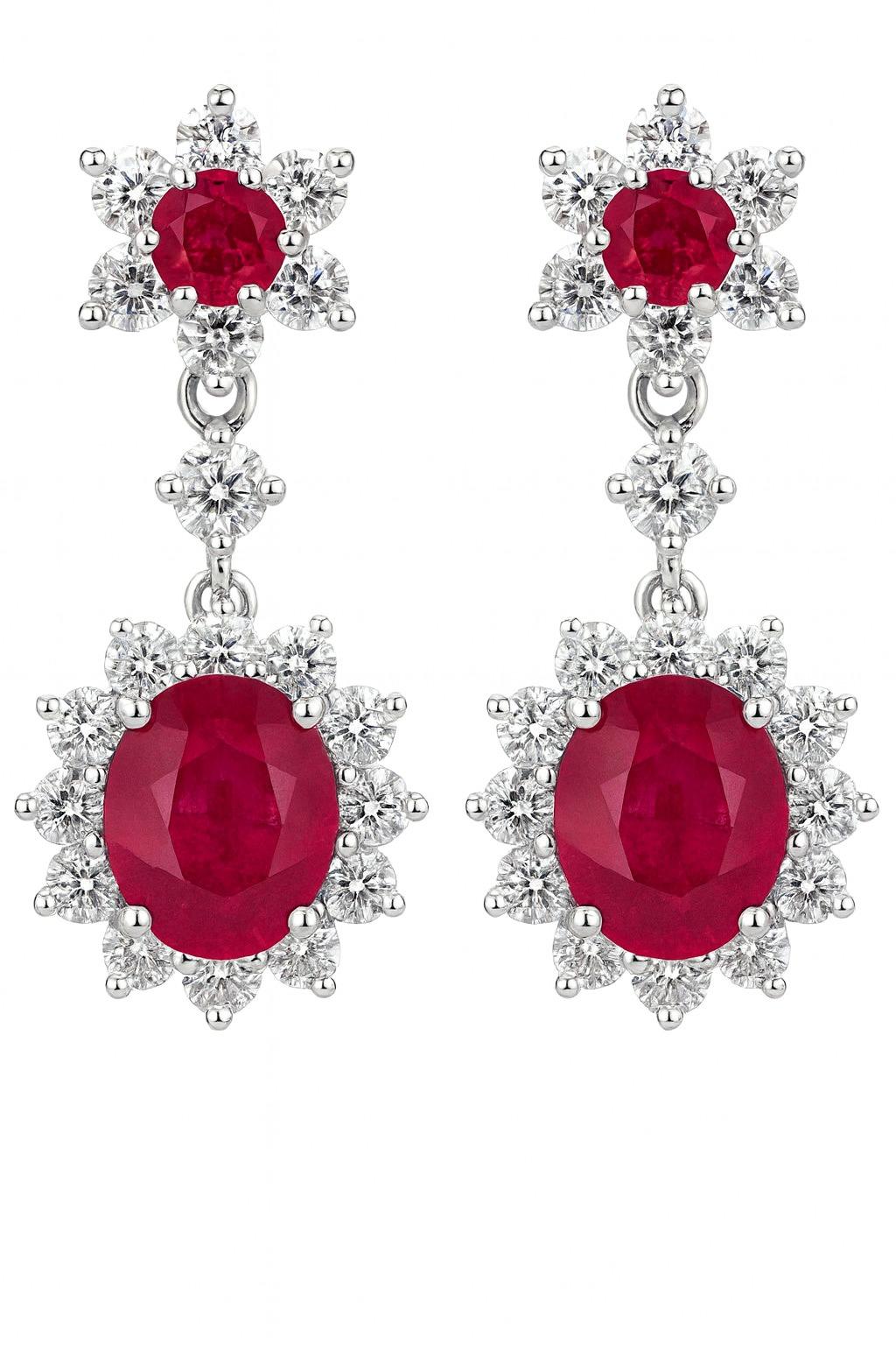 Vivid Red Ruby Carat Diamond Platinum Dangling Drop Earrings (Zeitgenössisch) im Angebot