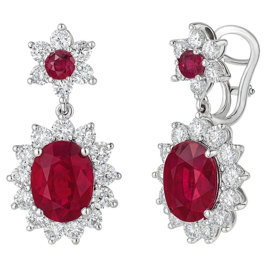 Vivid Red Ruby Carat Diamond Platinum Dangling Drop Earrings im Angebot