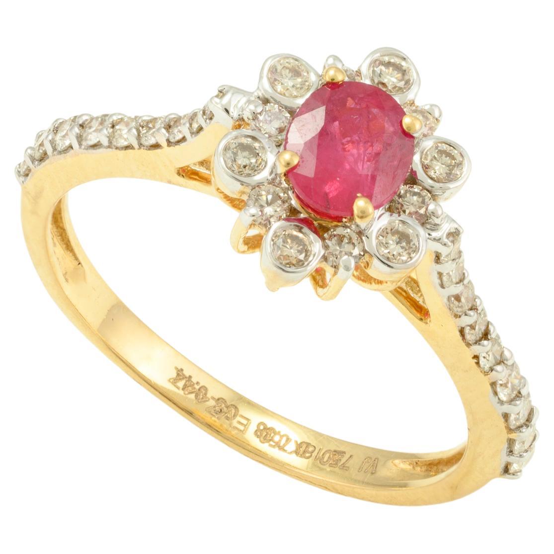 For Sale:  Contemporary Diamond and Natural Ruby Gemstone Ring in 18k Solid Yellow Gold