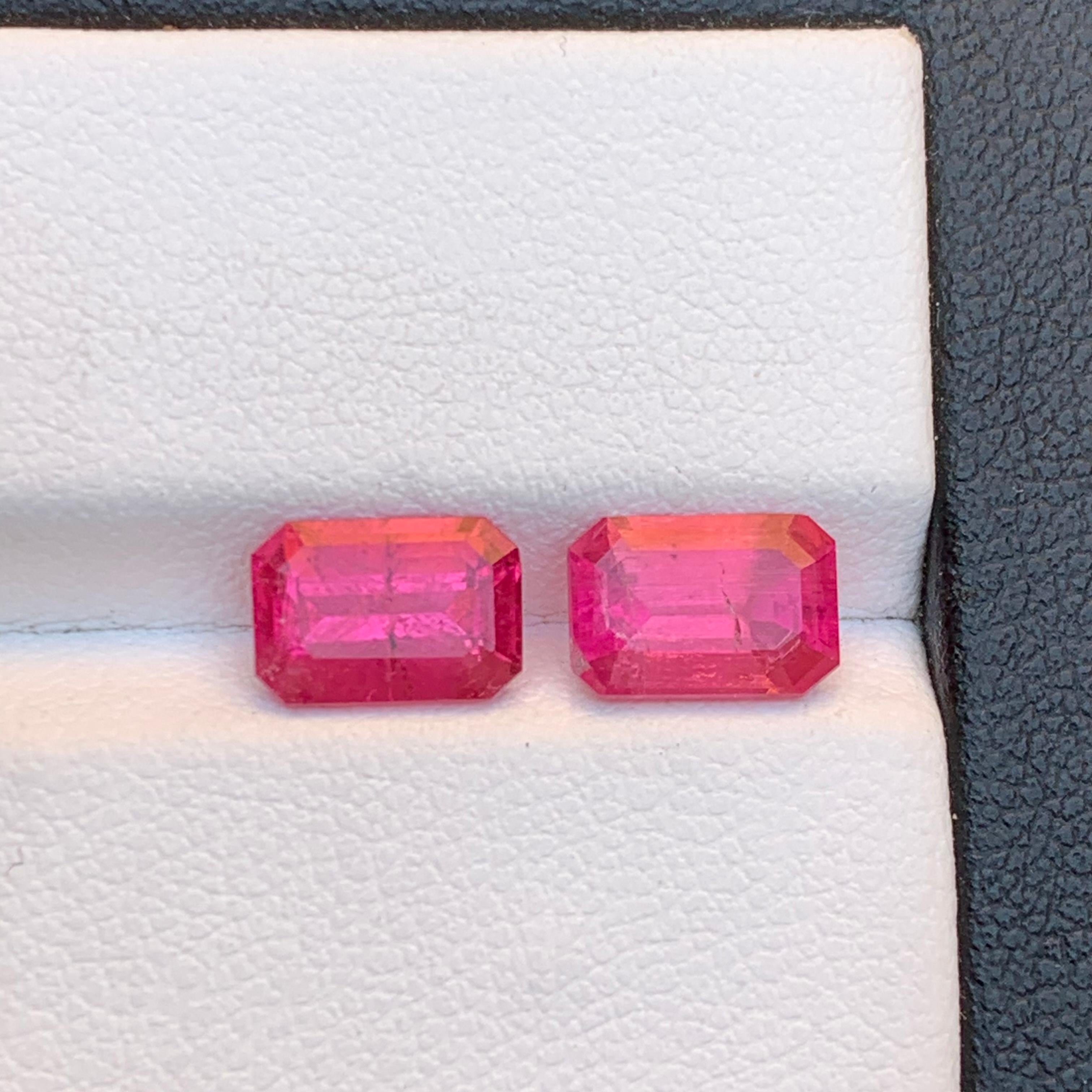 Emerald Cut Vivid Reddish Pink Natural Rubellite Tourmaline Loose Gemstone Pair 3.10Ct-Jewel For Sale