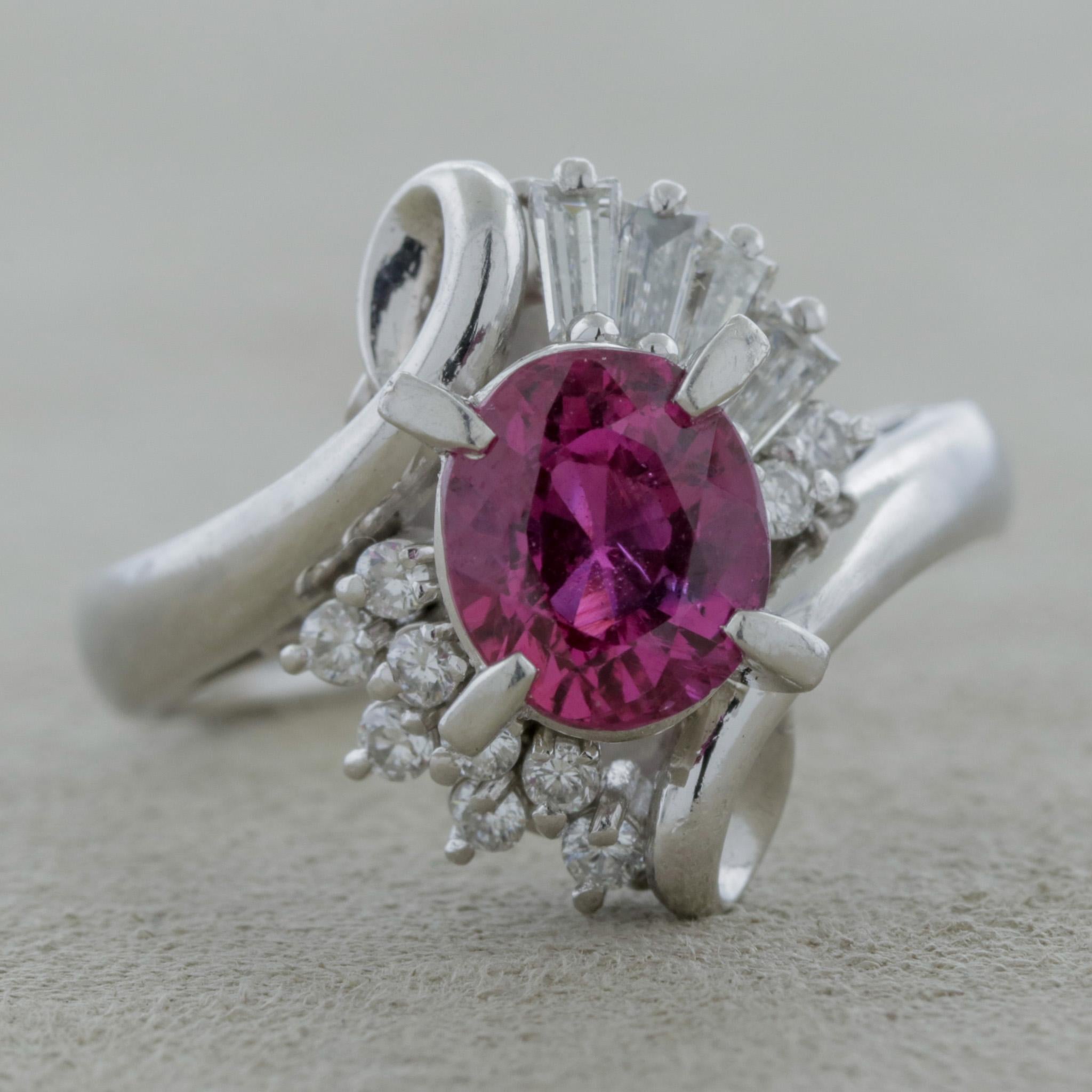 Mixed Cut Vivid Ruby Diamond Platinum Ring, GIA Certified For Sale