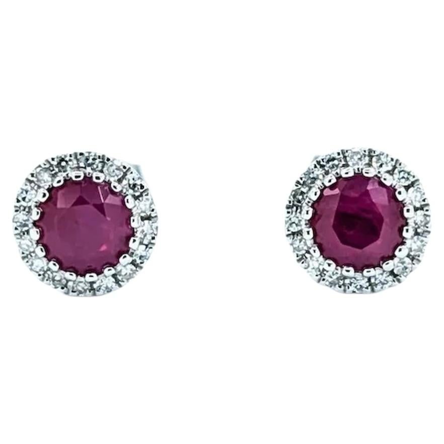 Vivid Ruby & Diamond Stud Earrings in 14k White Gold