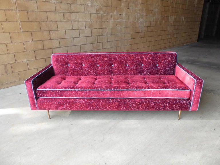 Vivid Ruby Red 1950s Button Tufted Dunbar Style Sofa at 1stdibs