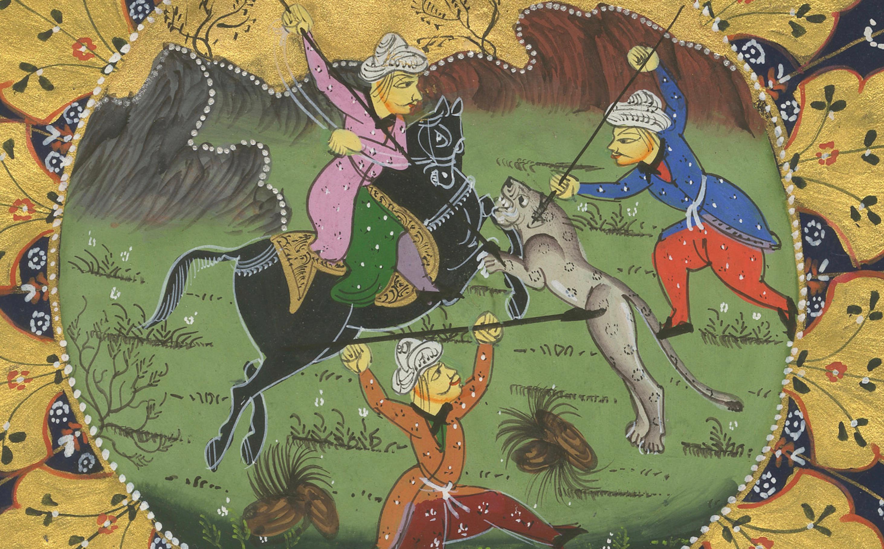 A manuscript page containing Persian miniature painting, surrounded by script. This artwork is characteristic of Islamic manuscript illumination, particularly from Persia (modern-day Iran).

The central painting is encircled by an ornate decorative