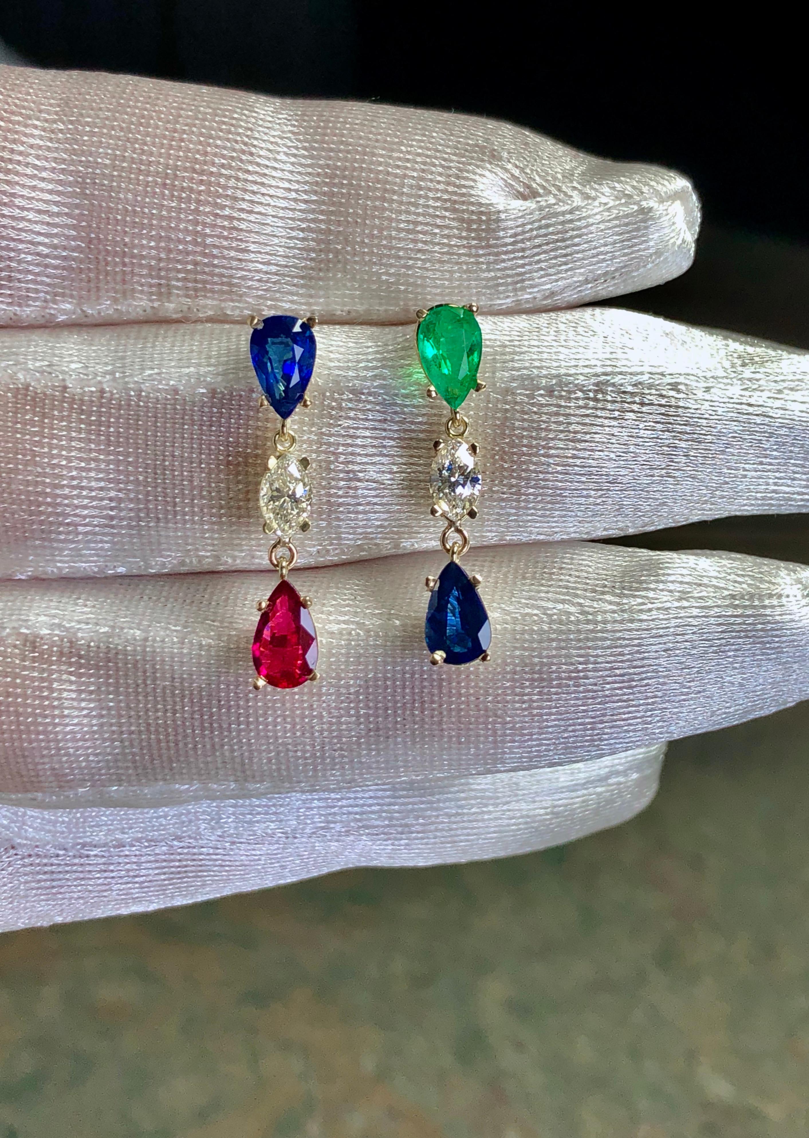 Contemporary Emeralds Maravellous Vivid Natural Emerald Ruby Sapphire Diamond Drop Earrings  For Sale