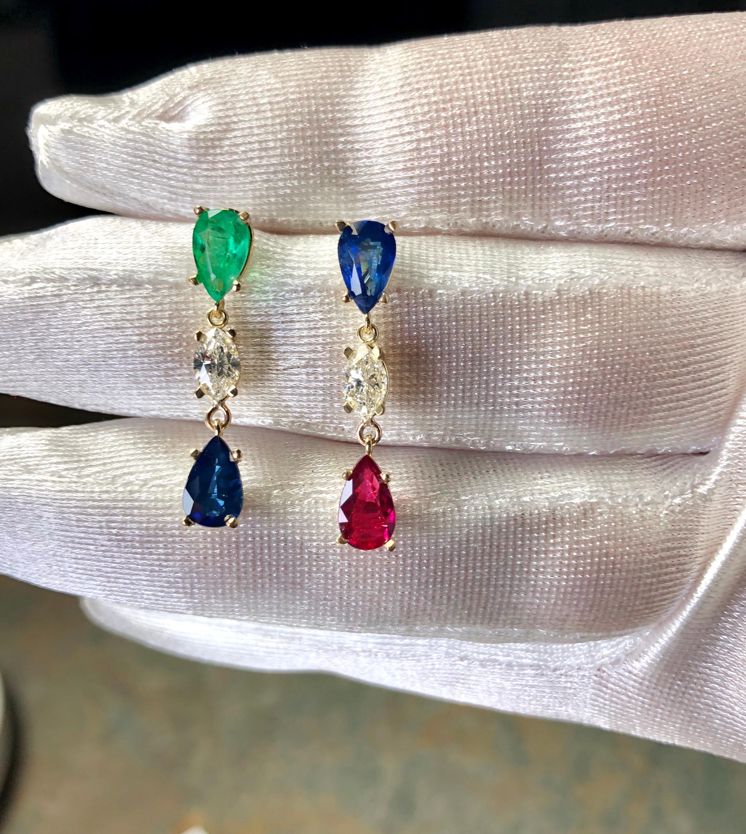 Pear Cut Emeralds Maravellous Vivid Natural Emerald Ruby Sapphire Diamond Drop Earrings For Sale