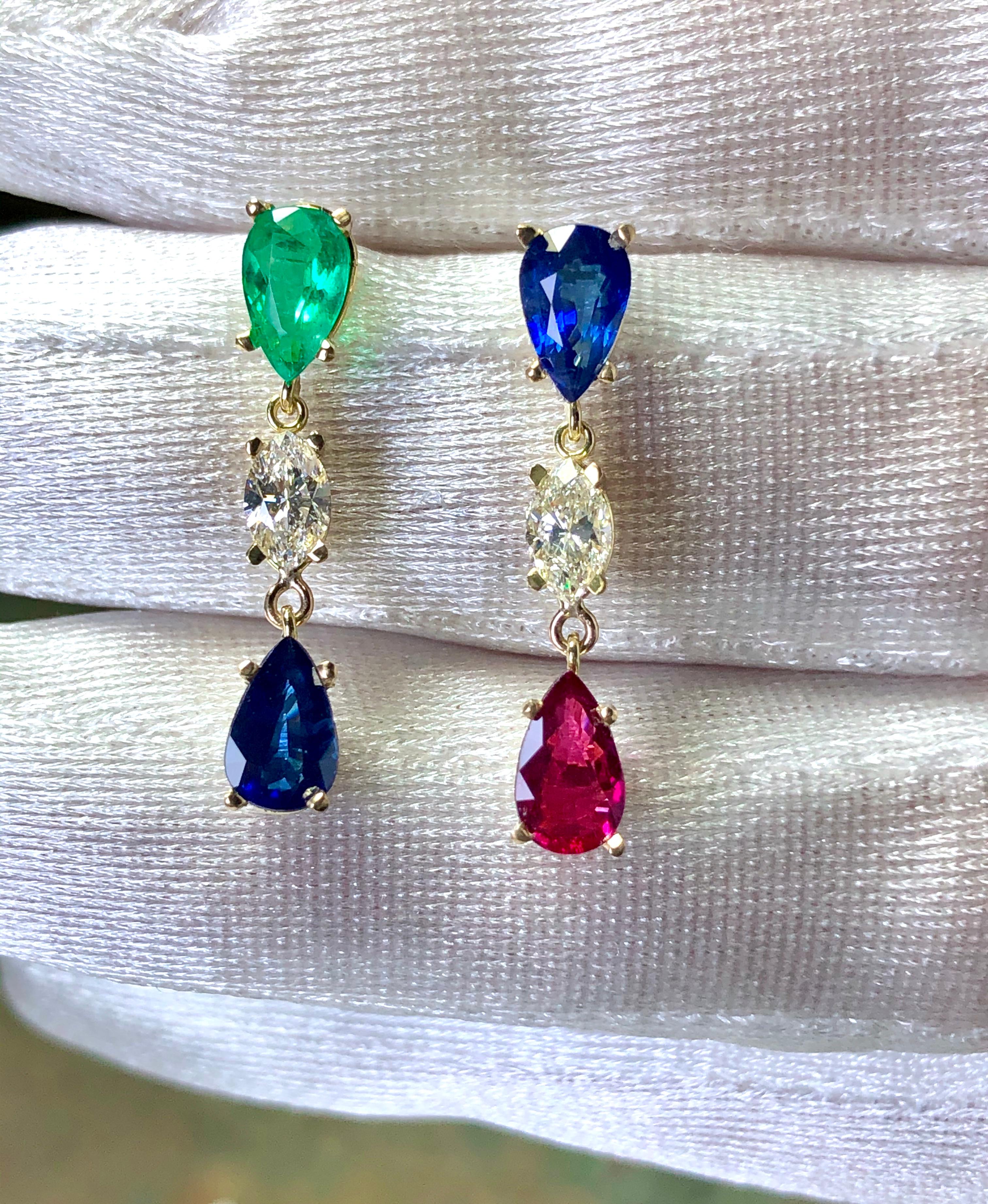 Emeralds Maravellous Vivid Natural Emerald Ruby Sapphire Diamond Drop Earrings  For Sale 4