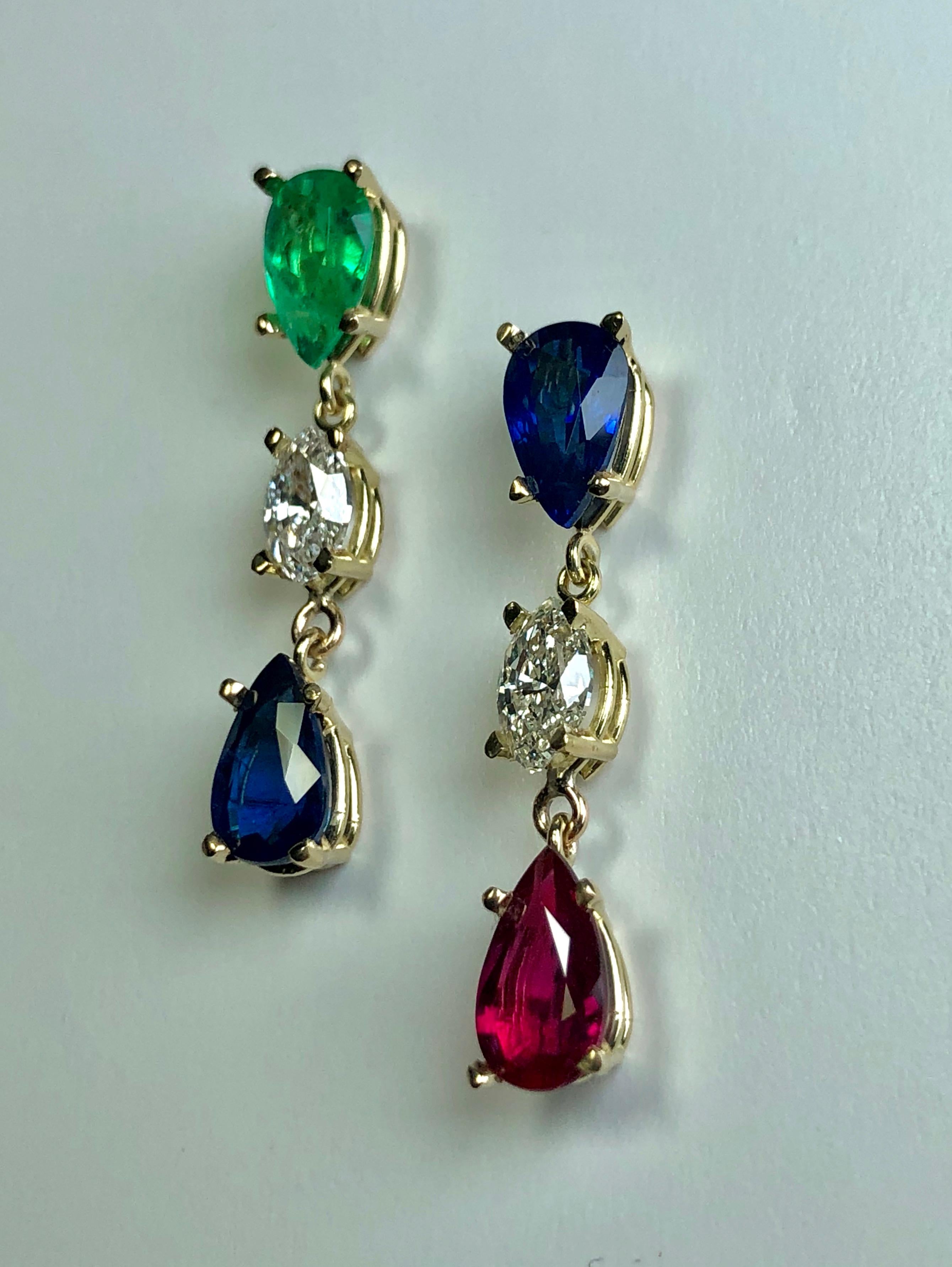 Emeralds Maravellous Vivid Natural Emerald Ruby Sapphire Diamond Drop Earrings  For Sale 2