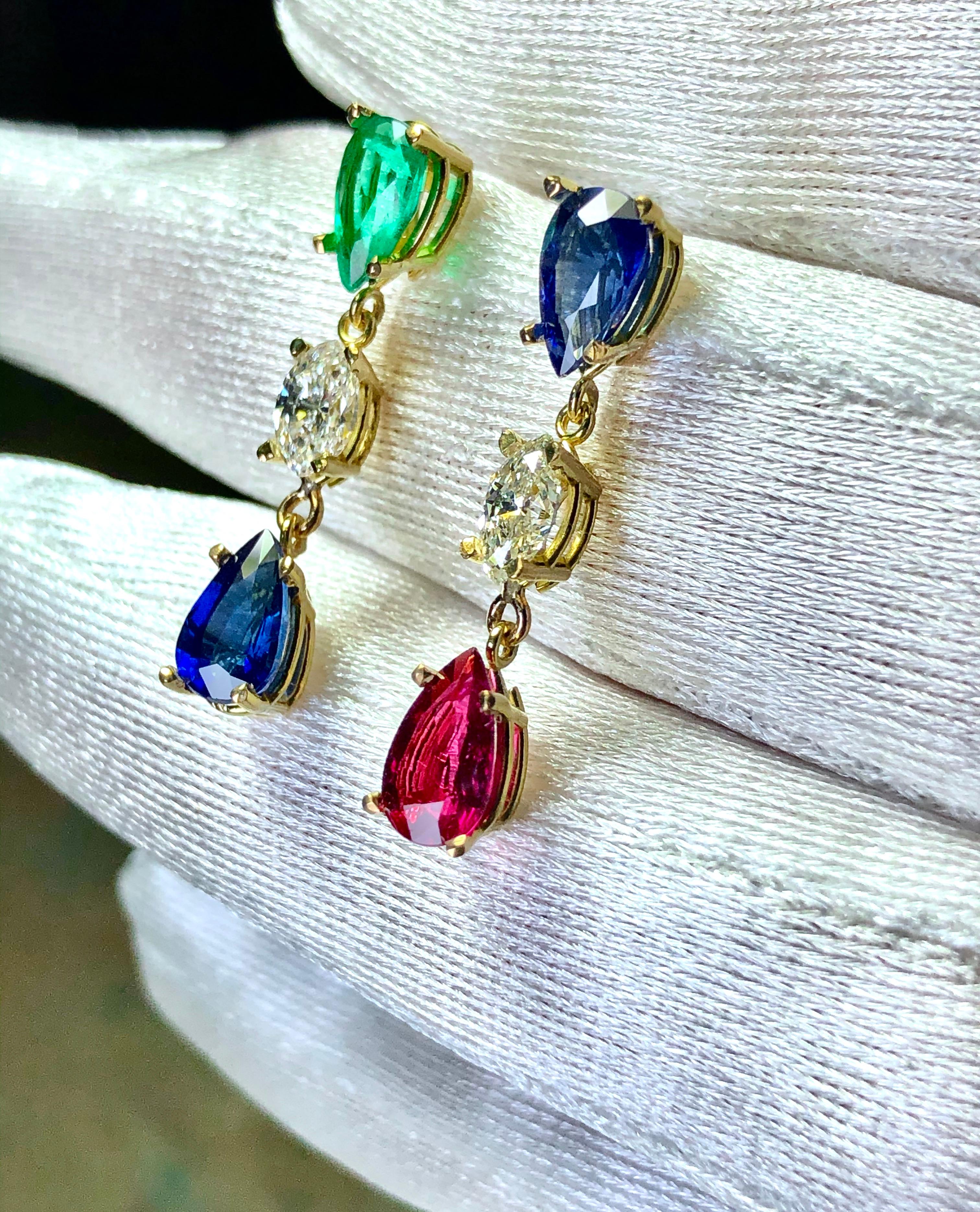 Emeralds Maravellous Vivid Natural Emerald Ruby Sapphire Diamond Drop Earrings  For Sale 2