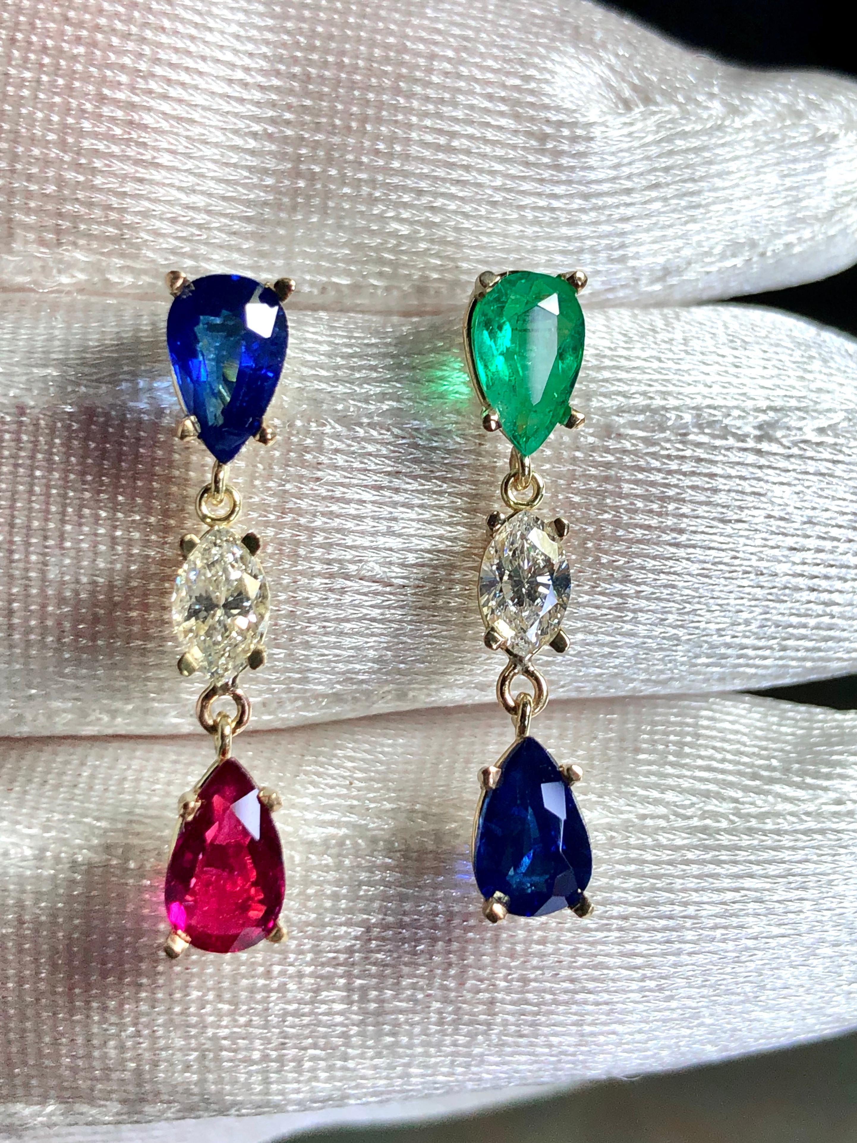 Emeralds Maravellous Vivid Natural Emerald Ruby Sapphire Diamond Drop Earrings  For Sale 7