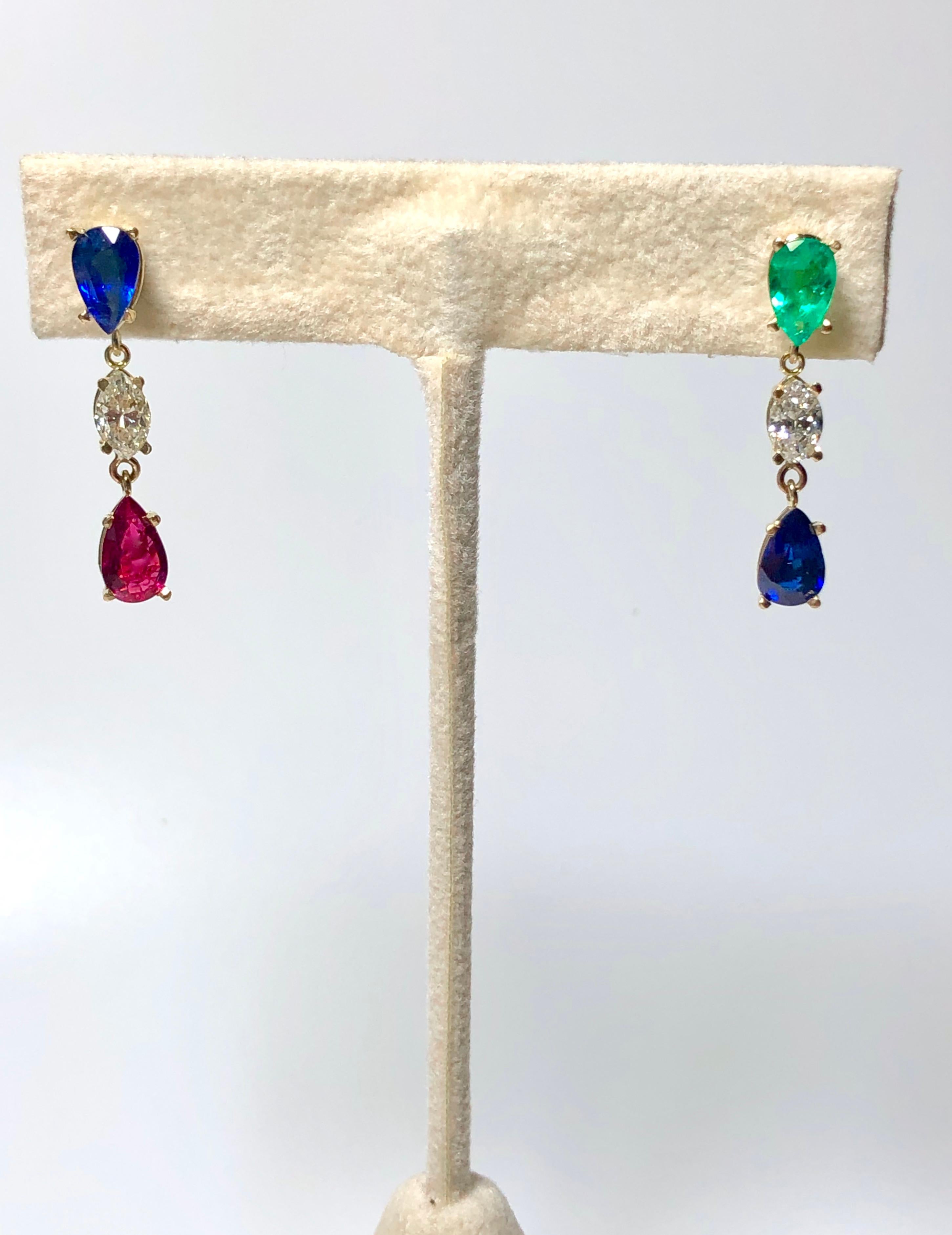 Emeralds Maravellous Vivid Natural Emerald Ruby Sapphire Diamond Drop Earrings  For Sale 5
