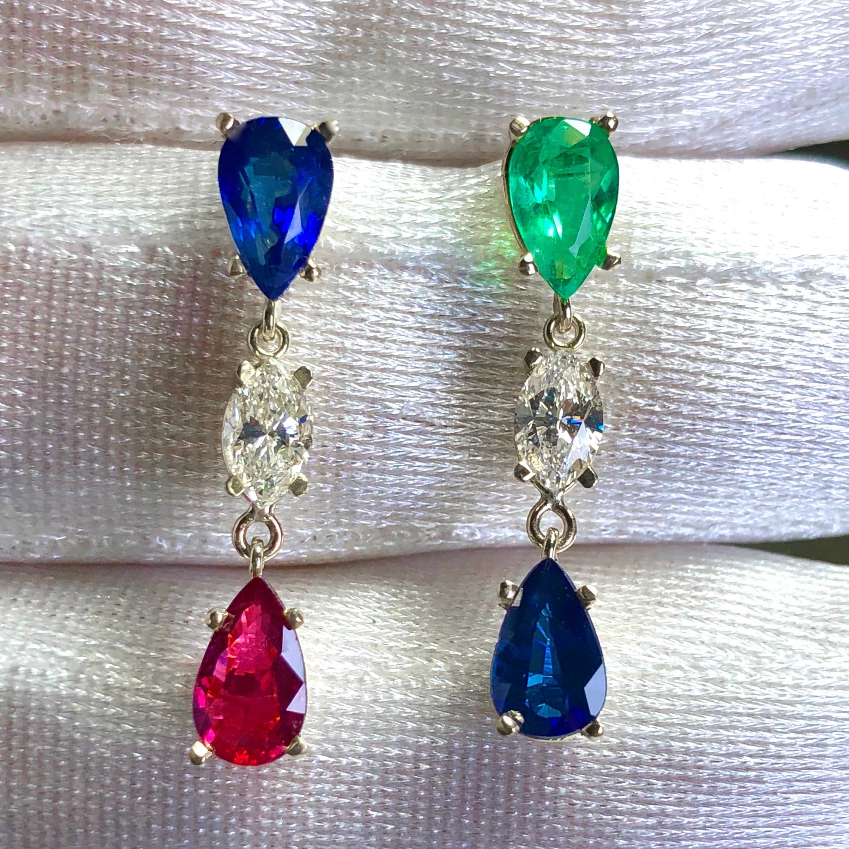 Emeralds Maravellous Vivid Natural Emerald Ruby Sapphire Diamond Drop Earrings  For Sale 5