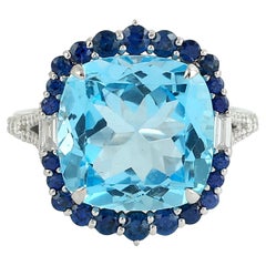 Vivid Swiss Blue Topaz Cocktail Ring With Blue Sapphire & Diamonds In 14k Gold