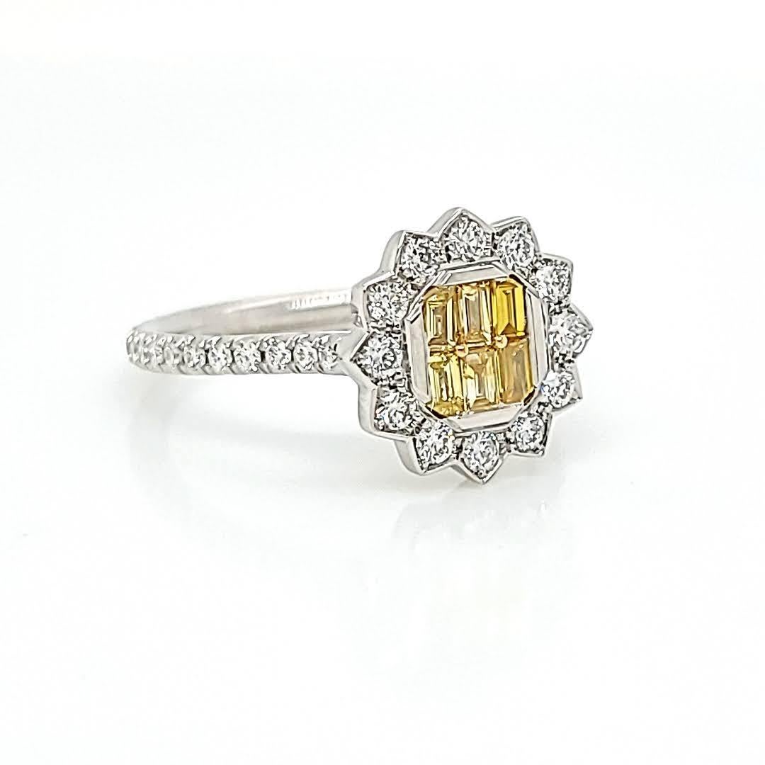 Baguette Cut Sunshine Radiance Handmade Fancy Vivid Yellow Diamond Baguette Ring For Sale