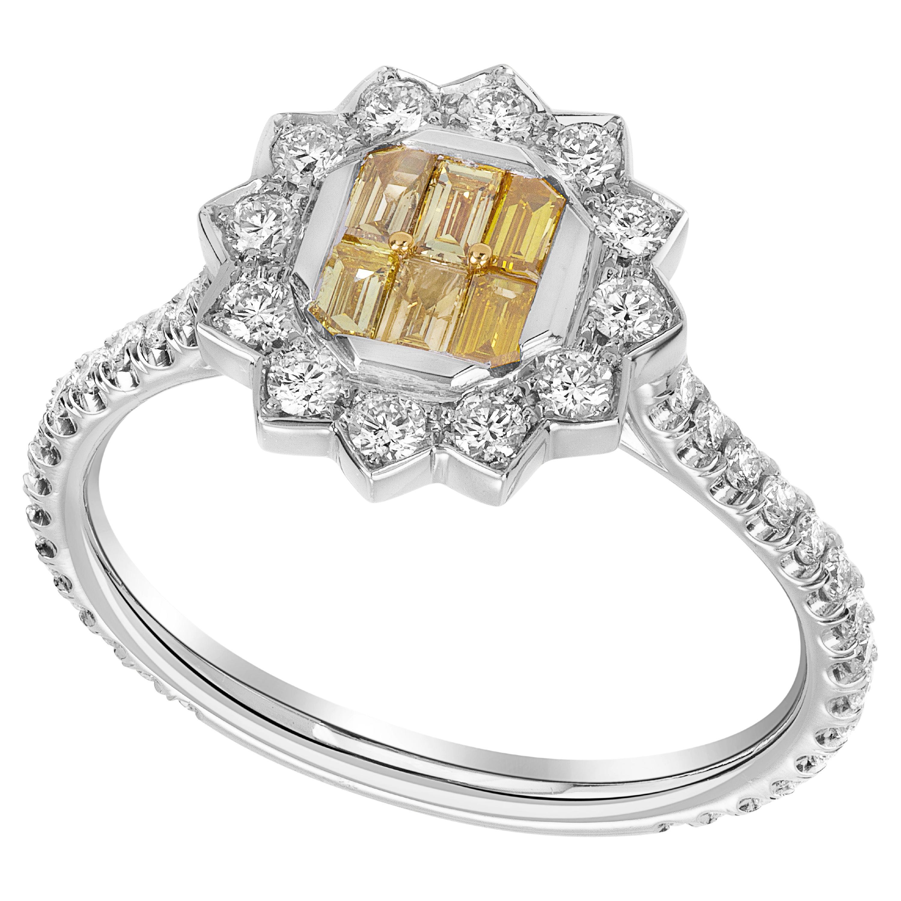 Sunshine Radiance Handmade Fancy Vivid Yellow Diamond Baguette Ring For Sale