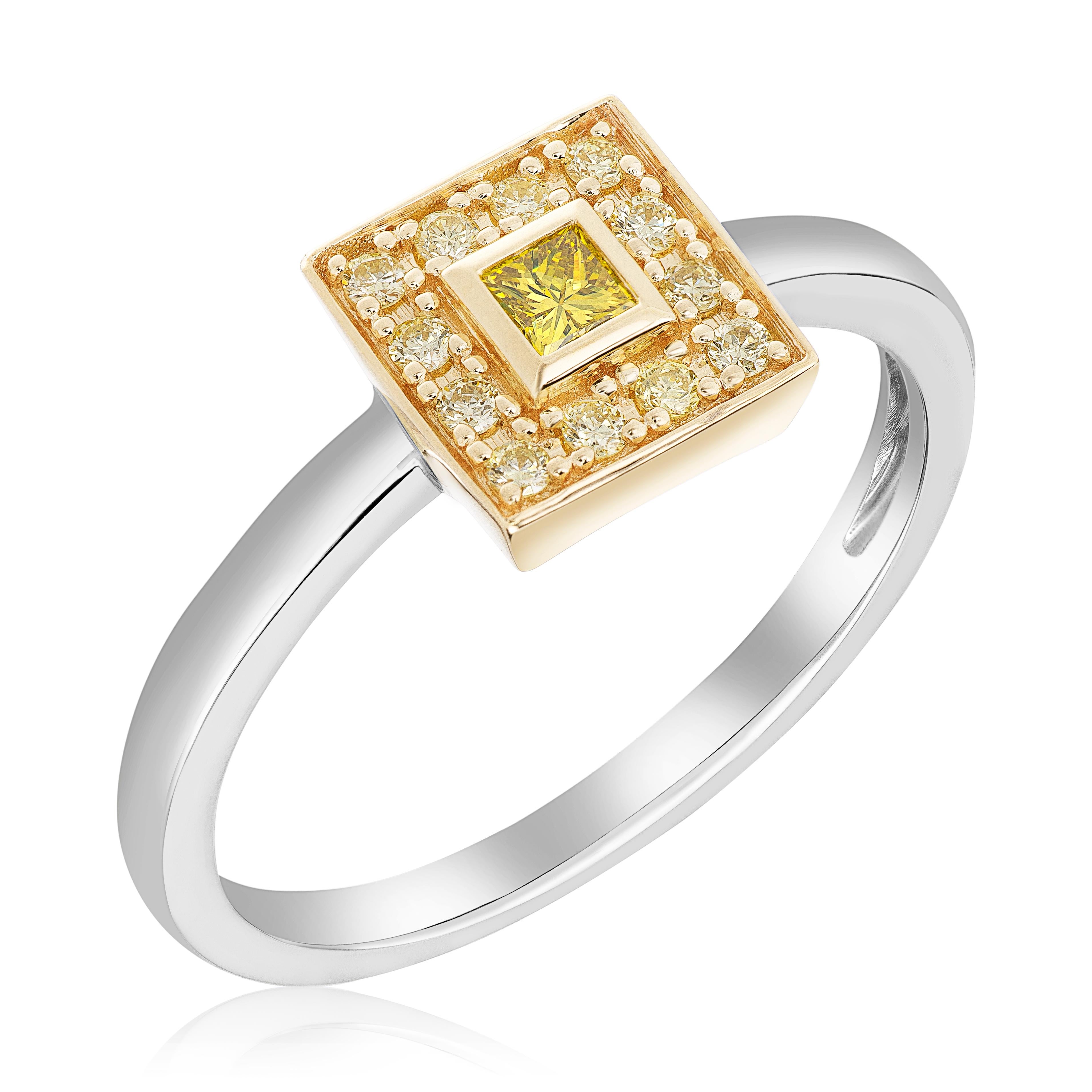 Stackable halo ring featuring a 0.10 fancy vivid yellow princess cut. Accented by 12 fancy yellow diamonds weighing 0.14 carats. Set in 14k yellow and white gold, size 7. This ring can be accessorized by any of our stackable rings or perhaps one