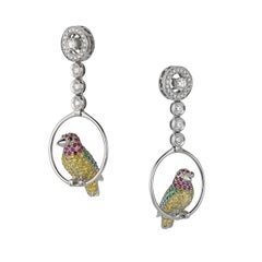 Vivid Yellow White Black Diamond Ruby Emerald 18 Karat Gold Birds Drop Earrings