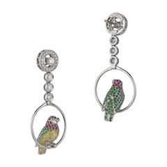 Vivid Yellow White Black Diamond Ruby Emerald 18 Karat Gold Birds Drop Earrings