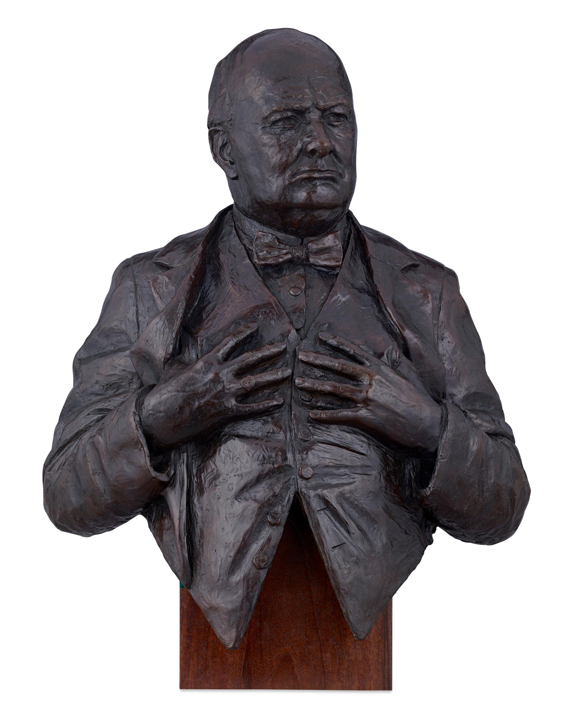 Vivien Mallock
b.1945  British

Sir Winston Churchill

Signed “VM” and numbered "12/12"
Bronze with a brown patina

Winston Churchill stands as one of the greatest leaders of the modern world and is among the most recognizable figures in Western