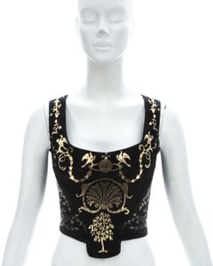 Viviene Westwood black satin corset with metallic gold motifs, fw 1990