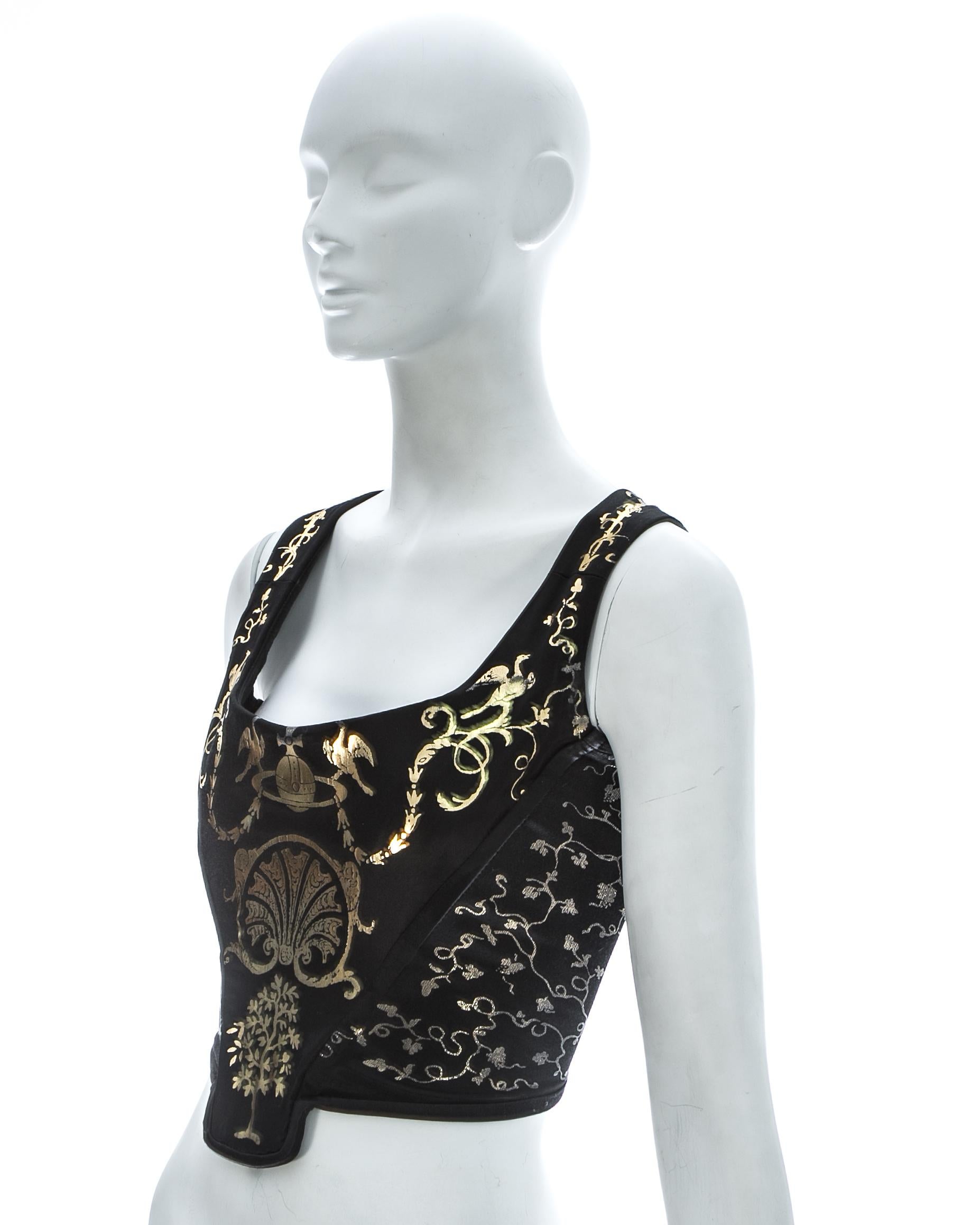 vivienne westwood black satin corset with metallic gold.