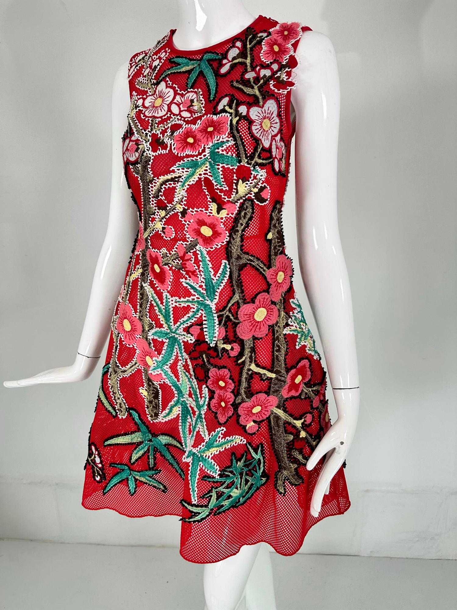 Vivienne Tam Abstract Applique Red Mesh Dress XS For Sale 6